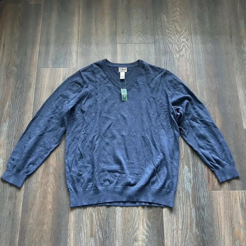 L.L. Bean Cotton Cashmere V-Neck Sweater Indigo Blue, Size XXL